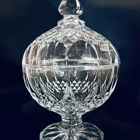 Longchamp Cut Crystal Footed Candy Dish w Lid Clear Geometric Pattern VTG '80s - Picture 3 of 9